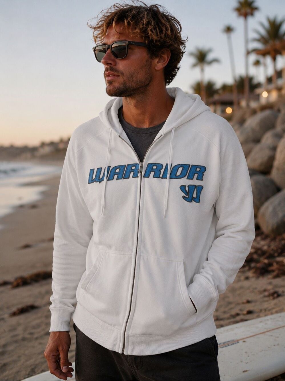 Warrior White Zip Up Hoodie Large Blue Logo Cotton Blend Athletic Jacket